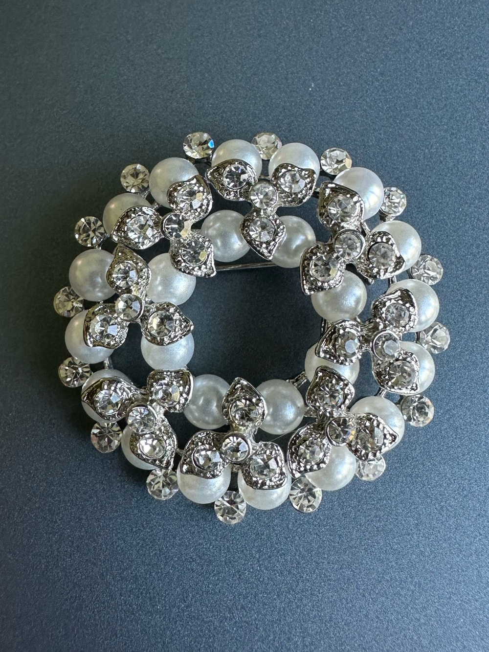 Pearl and Crystal Circle Wreath Brooch Silver Tone Layered Rhinestone Pin